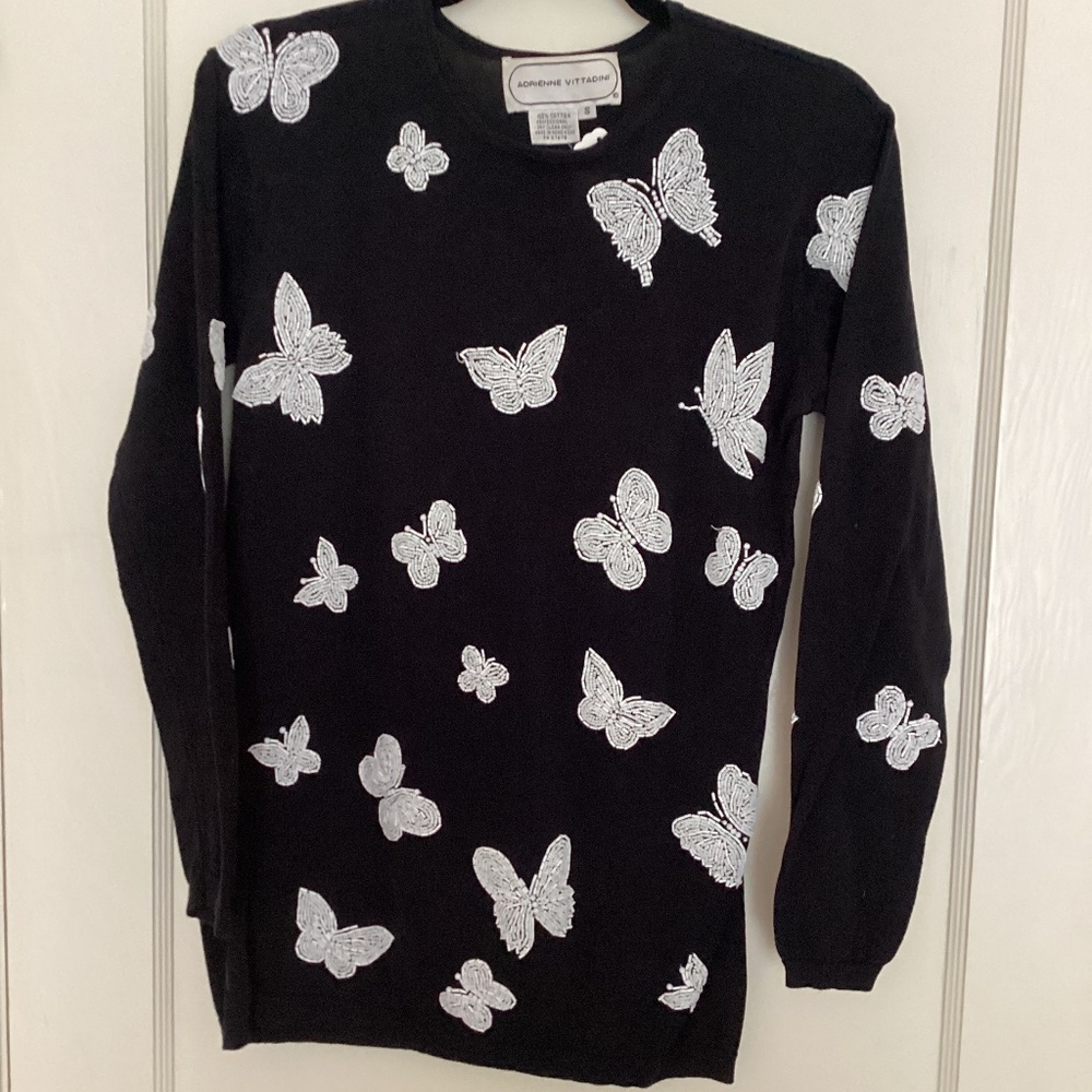 ADRIENNE VITTADINI Long Black Beaded Dressy Sweater, Sz S